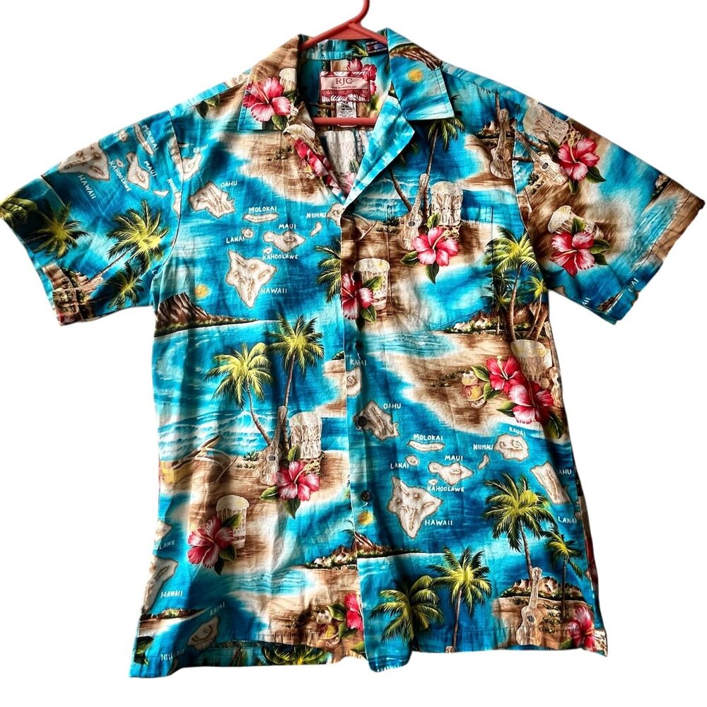 Vtg RJC Mens Hawaiian Shirt Cotton Size M Aqua Blue Floral Palm Tree Islands